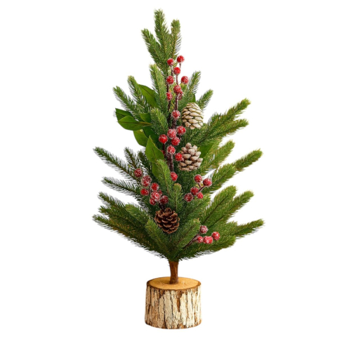 Brazi Artificiali de Masa - Brad Artificial 60 cm cu Merişoare și Conuri – Bază din Lemn