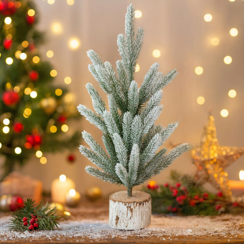 Brazi Artificiali de Masa - Brad Artificial 55 cm cu Zăpadă Decorativă şi Bază din Lemn