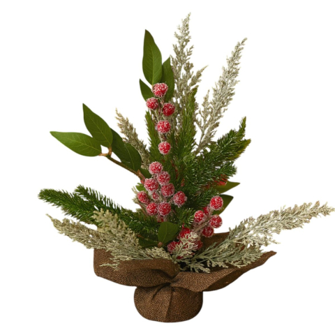 Brazi Artificiali de Masa - Decoraţiune de Crăciun 40 cm din Brad Artificial – Merişoare Roşii, Conuri şi Zăpadă Artificială, Împachetată în Pânză