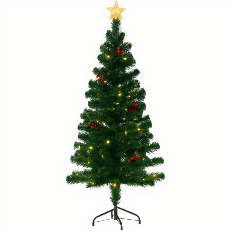 Brazi - Brad Artificial 180cm cu Lumină LED în Formă de Stea, Vârf Stea și Decor cu Merișoare Roșii