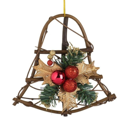 Ornamente Craciun - Clopot Decorativ de Craciun Ramura de Pin Vasc Auriu cu Globuri Rosii 21cm