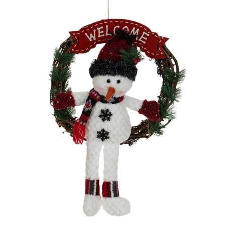 Ornamente Craciun - Coronita Decorativa de Craciun din Lemn Om de Zapada Welcome Rosu 33cm