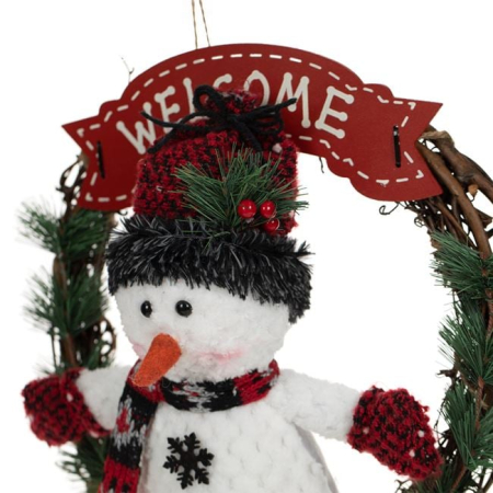 Coronita Decorativa de Craciun din Lemn Om de Zapada Welcome Rosu 33cm [2]