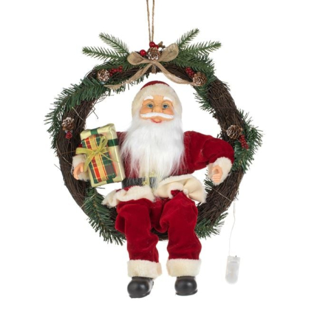 Ornamente Craciun - Coronita Decorativa din Lemn cu Mos Craciun cu LED 45cm