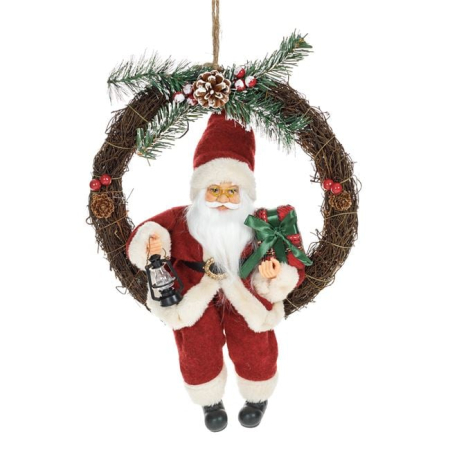 Ornamente Craciun - Coronita Decorativa din Lemn cu Mos Craciun Felinar & Cadouri Ø30cm