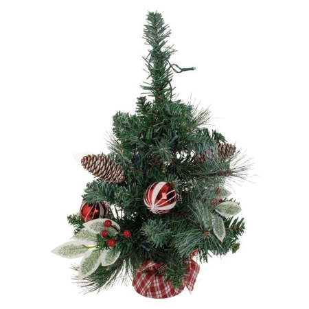 Brazi Artificiali de Masa - Decoratiune de Craciun Brad cu Baza in Carouri & 20 de becuri LED - 50cm