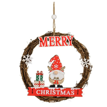 Ornamente Craciun - Decoratiune de Craciun din Lemn Coronita cu Figurina de Gnome Nas Pompon Ø16cm