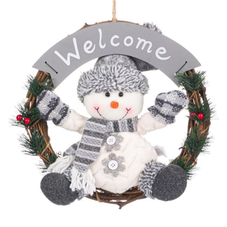 Ornamente Craciun - Decoratiune Suspendabila de Craciun din Lemn Coronita Om de Zapada Gri 30cm
