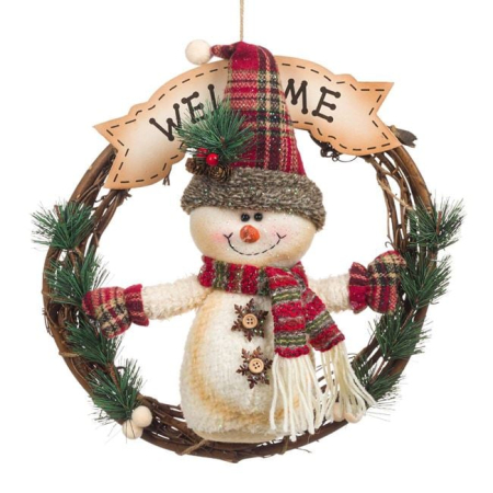 Ornamente Craciun - Decoratiune Suspendabila de Craciun din Lemn Coronita Om de Zapada Welcome 35cm