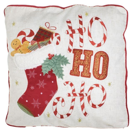 Perne de craciun - Față de pernă decorativă Crăciun, ecru, model cizmă „Ho Ho Ho”, 45x45 cm