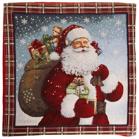 Perne de craciun - Fata de Perna Decorativa de Craciun cu Model Mos Craciun cu Sac & Lurex Argintiu 50x50cm