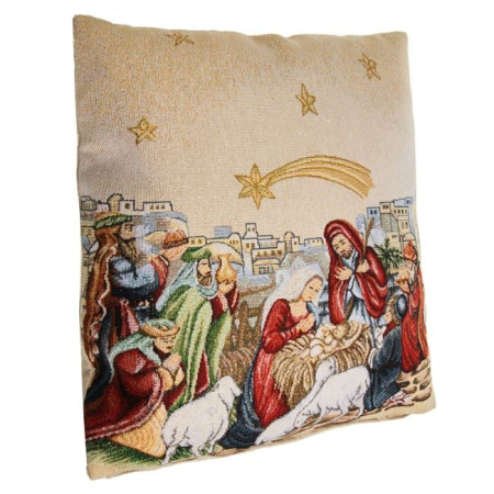 Perne de craciun - Fata de Perna Decorativa de Craciun cu Model Nașterea Domnului & Lurex Auriu 40x40cm