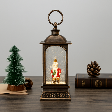 Ornamente Craciun - Felinar Retro 25cm LED cu Lumină, Muzică și Efect Zăpadă – Ventilator Snow, Acumulator/Baterii