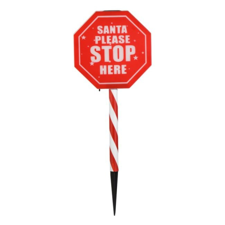 Instalatii Solare Exterior - Felinar Solar Stick de Craciun cu Panou Rosu Alb "Santa Please stop here" 46cm