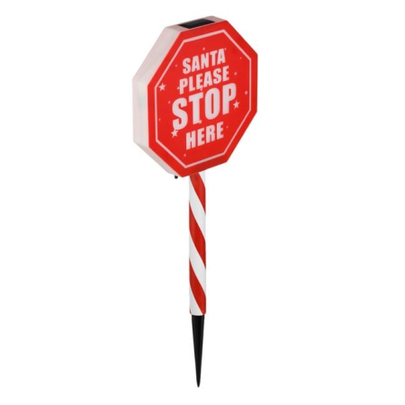 Felinar Solar Stick de Craciun cu Panou Rosu Alb "Santa Please stop here" 46cm [1]