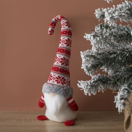 Figurina Decorativa de Craciun Gnome cu Caciula Rosie Zacquard Imitatie de Blana Gri 42cm [2]