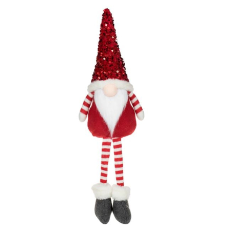 Figurina Decorativa de Craciun Gnome Rosu Caciula Gri cu Paiete Picioare cu Dungi 52cm [1]