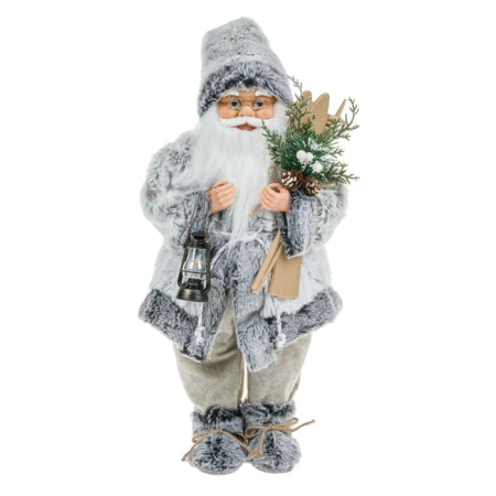 Figurine Mos Craciun - Figurina Decorativa Mos Craciun Gri cu Schiuri 45cm