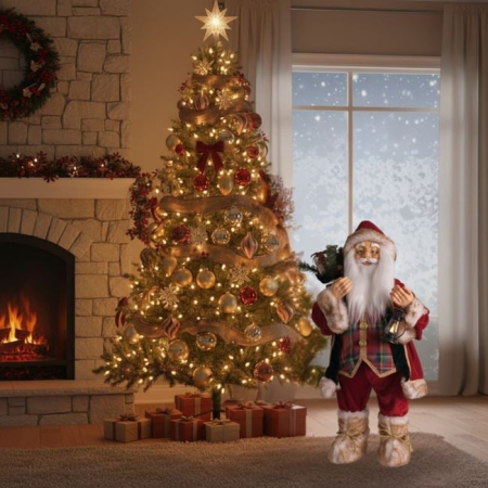 Figurine Mos Craciun - Figurina Mos Craciun cu Haina Rosie Felinar & Sac 80cm