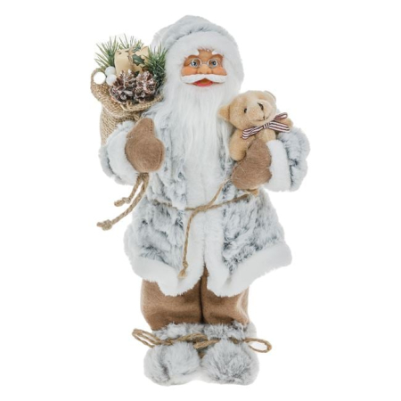 Figurine Mos Craciun - Figurina Mos Craciun Realist Alb Gri Blana si Ursulet 30cm