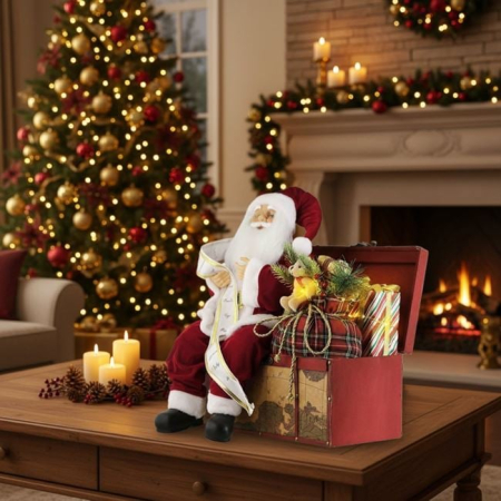 Figurine Mos Craciun - Figurina Realista Mos Craciun cu Cufar Cadouri Sunet & LED 41x35x60cm