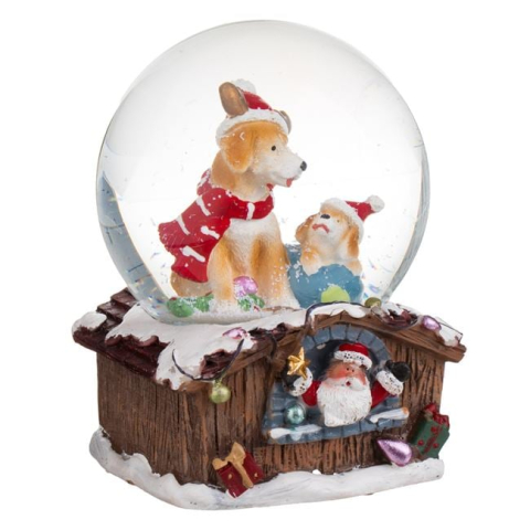 Ornamente Craciun - Glob de Zapada Muzical de Craciun Caini pe Baza Maro Casa 13.5cm