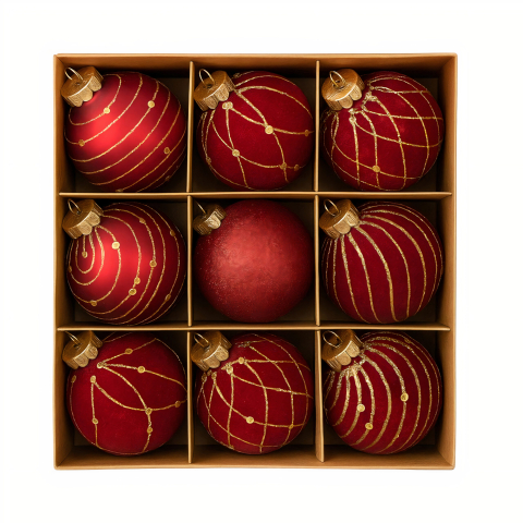 Globulete Craciun - Globuri de Crăciun Catifea Roșie 7 cm – Set 9 Bucăți cu Model Auriu și Sclipici