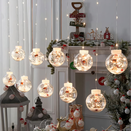 Ornamente Craciun - Instalație de Crăciun 3M Tip Perdea Luminoasă cu 10 Globuri Alb Cald – Decor Elegant pentru Sărbători