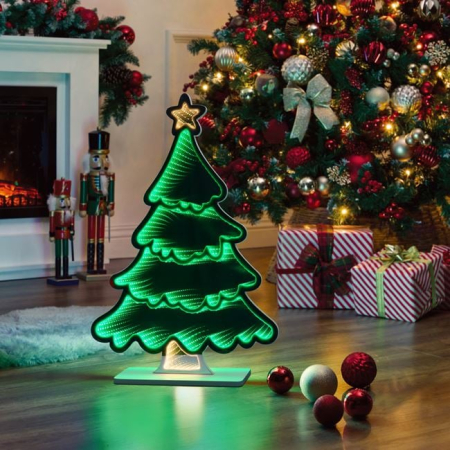 Ornamente Craciun - Lampa Oglinda Decorativa de Craciun Brad cu Efect Infinit & LED 39x10x59cm