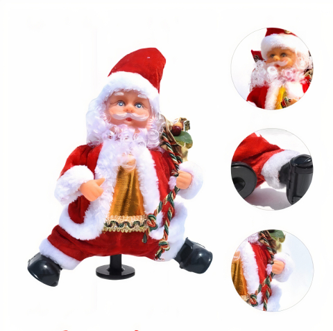Figurine Gnome Mos Craciun - Moș Crăciun Dansator 25 cm cu Muzică, Mișcare și Bază Rotativă – Costum din Catifea Roșie, Toiag și Clopoțel