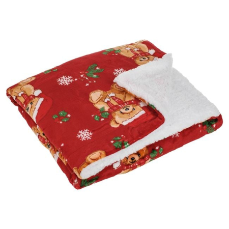 Paturi de craciun - Patura de Craciun Catifelata Rosie cu Model Ursulet pentru Bebelusi 100x75cm