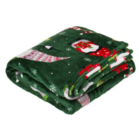 Paturi de craciun - Patura Decorativa de Craciun Catifelata Verde cu Figurine de Gnome 160x130cm
