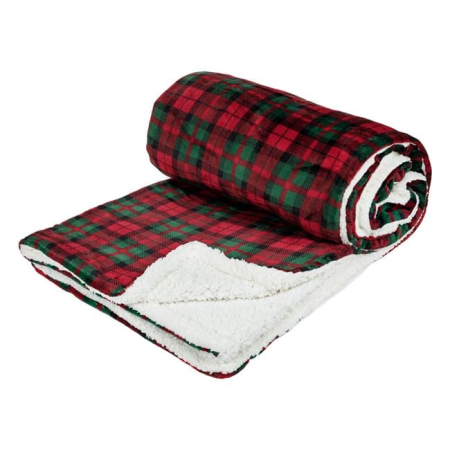 Paturi de craciun - Patura Decorativa de Craciun Rosie cu Carouri din Imitatie de Blana Alba Sherpa 220x200cm
