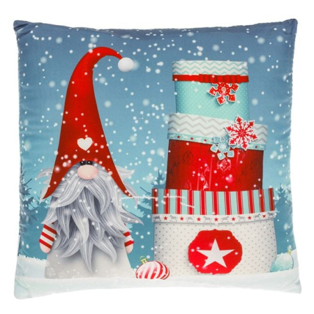 Perne de craciun - Perna Decorativa de Craciun Bleu cu Figura Gnome si Cadouri 30x30cm