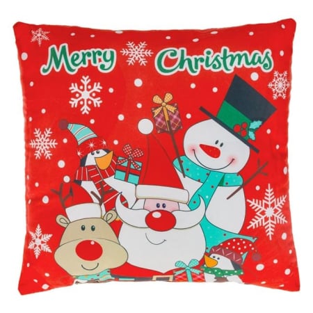 Perne de craciun - Perna Decorativa de Craciun pentru Copii cu Model Mos Craciun Om de Zapada & Prietenii 30x30cm