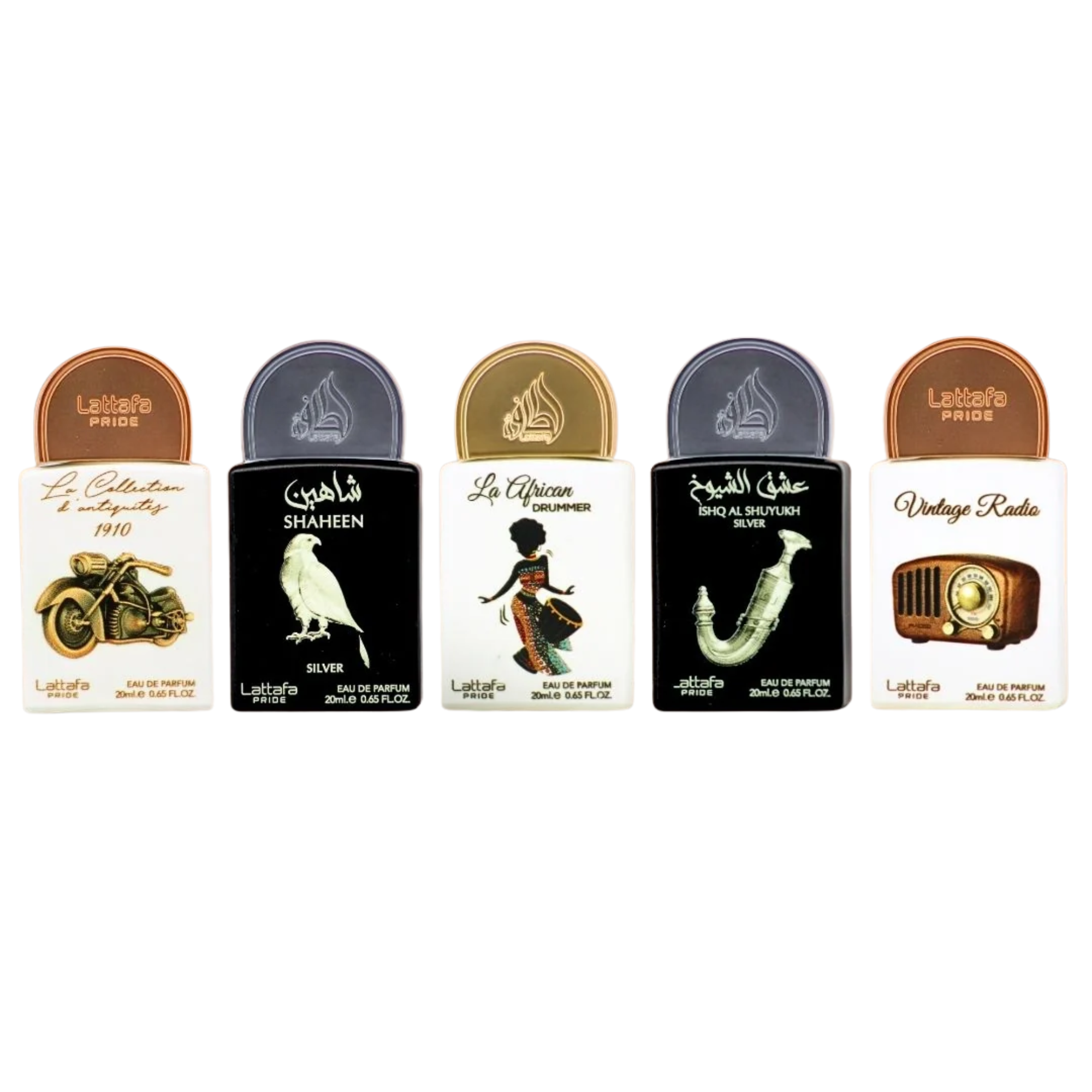 Lattafa Collection 5 - Set Cadou 5 x 20 ml (Bike1910 20 ml + Shaheen Silver 20 ml + African Drummer 20 ml + Shuyukh Silver 20 ml + Vintage Radio 20 ml) Unisex - Eterna Beauty [2]