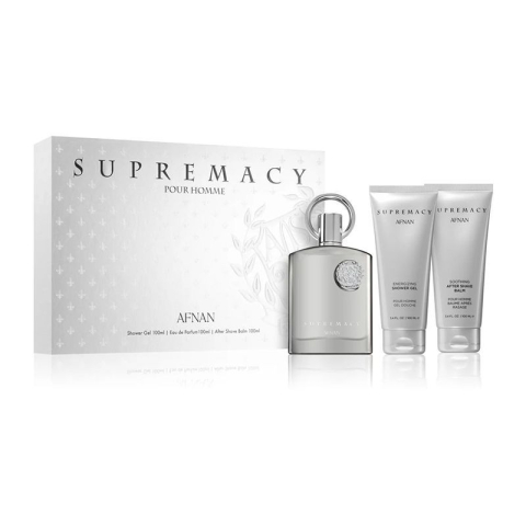 Condimentat - Afnan Supremacy Silver Set Cadou (Apa de Parfum 100 ml + Gel de dus 100 ml + Lotine balsam dupa ras 100 ml) Barbati - Eterna Beauty