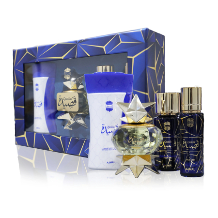 Parfumuri Arăbești - Ajmal Qasida Set Cadou: Apa de Parfum 60ml + Pudra Corp 80gr + Bodyspray50 ml + Parfum Par 30ml Femei | Eterna Beauty