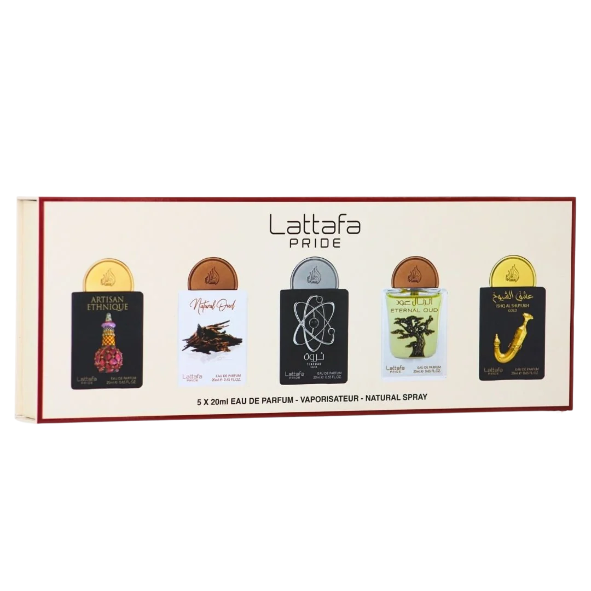 Lattafa Collection 2 - Set Cadou 5 x 20 ml (Artisan Ethnique 20 ml + Natural Oud 20 ml + Tharwah Silver 20 ml + Eternal Oud 20 ml + Shuyukh Gold 20 ml) Unisex - Eterna Beauty