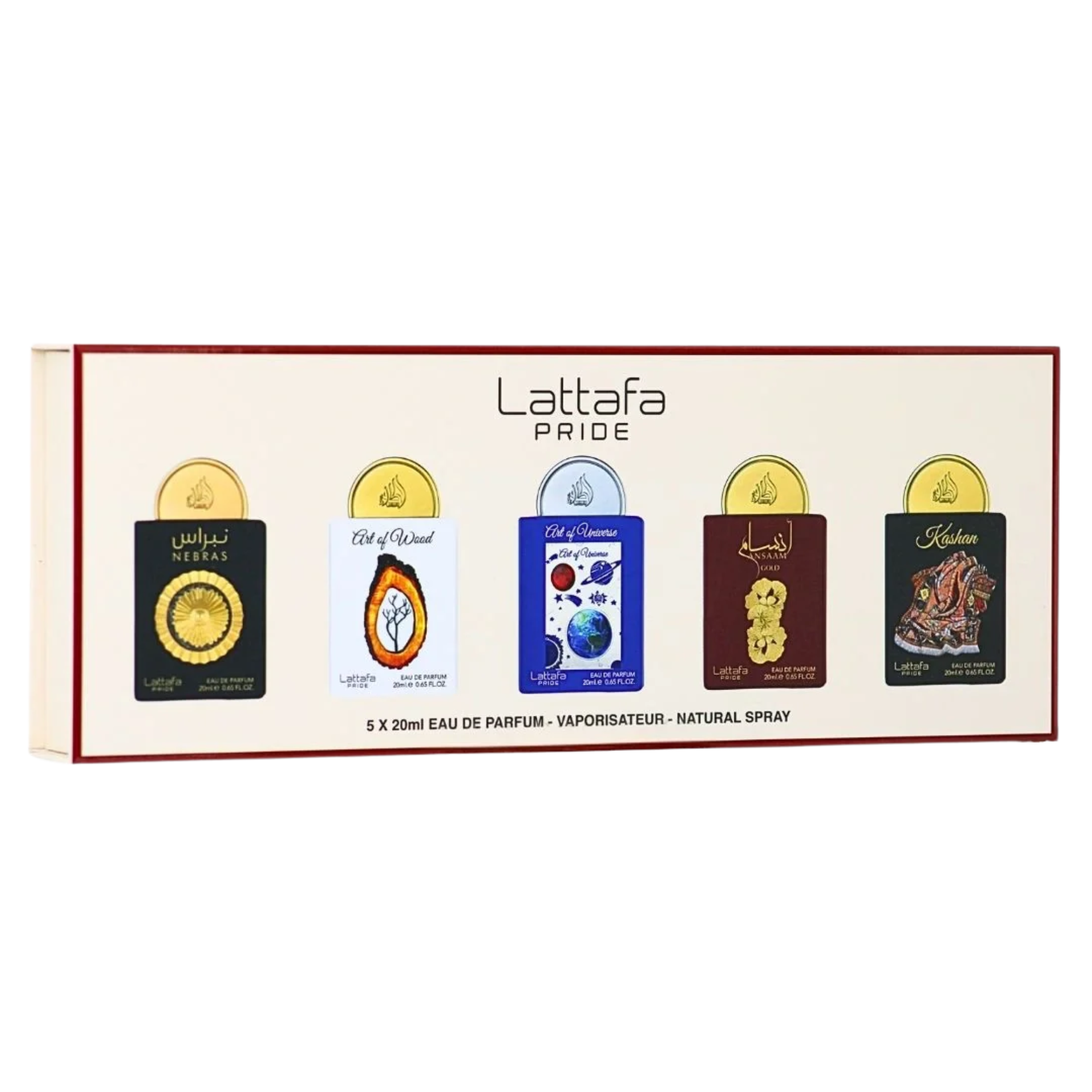 Lattafa Collection 3 - Set Cadou 5 x 20 ml (Nebras 20 ml + Art of Wood 20 ml + Art of Universe 20 ml + Ansaam Gold 20 ml + Kashan 20 ml) Unisex - Eterna Beauty