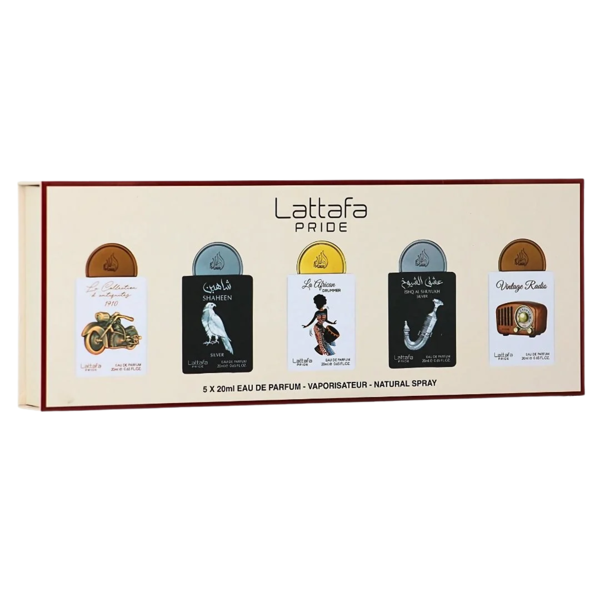 Lattafa Collection 5 - Set Cadou 5 x 20 ml (Bike1910 20 ml + Shaheen Silver 20 ml + African Drummer 20 ml + Shuyukh Silver 20 ml + Vintage Radio 20 ml) Unisex - Eterna Beauty