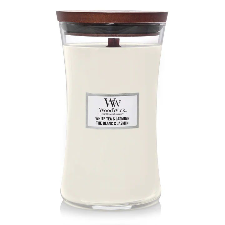 Lumânări parfumate - WoodWick White Tea & Jasmine - Lumanare parfumata, 609.5 g - Eterna Beauty