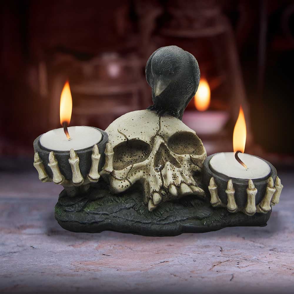 Suport lumanare Nevermore 15 cm - Decoratiune gotica cu corb si craniu [1]