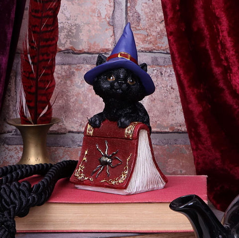 Figurine cu Animale - Figurină Hocus – Pisică Neagră Familiară și Carte de Vrăji, 12,7 cm