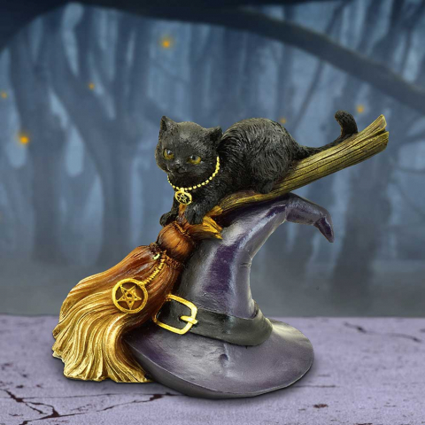 Figurine cu Animale - Figurină Pisică Neagră – Bewitched, Decor Gothic, Wicca, Rășină 13.3 cm