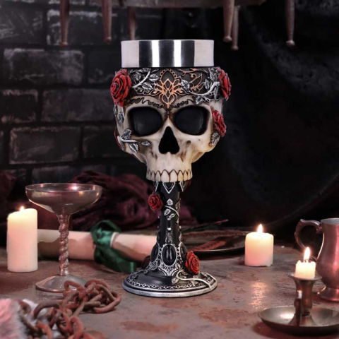 Pocal - Pocal gotic 'Gothic Roses' de 18 cm – Design cu craniu și trandafiri roșii