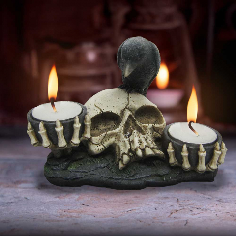 Suport lumanare Nevermore 15 cm - Decoratiune gotica cu corb si craniu