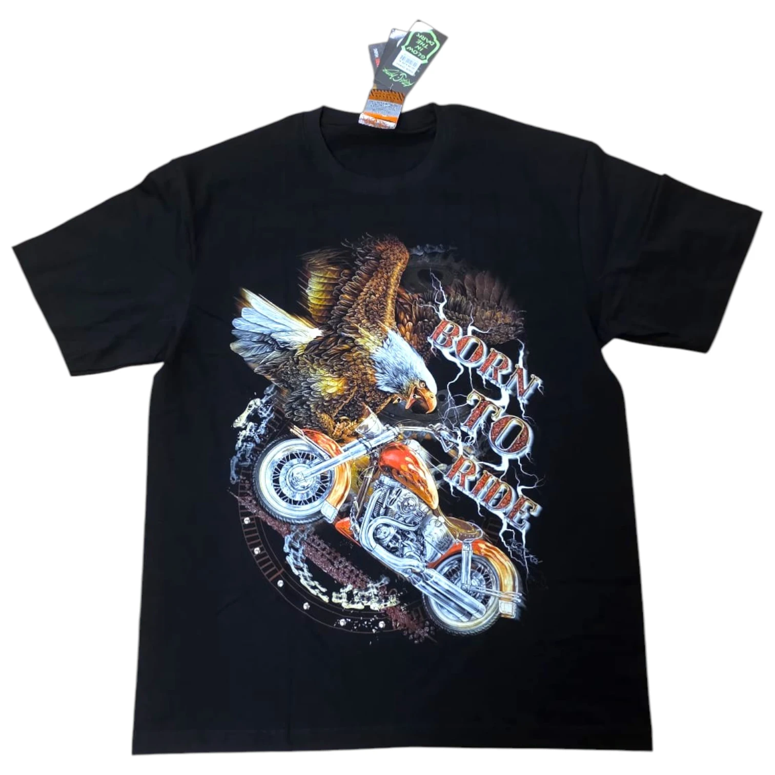 Tricouri RockChang – Arta rock autentica din Thailanda - tricou-born-to-ride-vultur-motocicleta-glow-in-the-dark