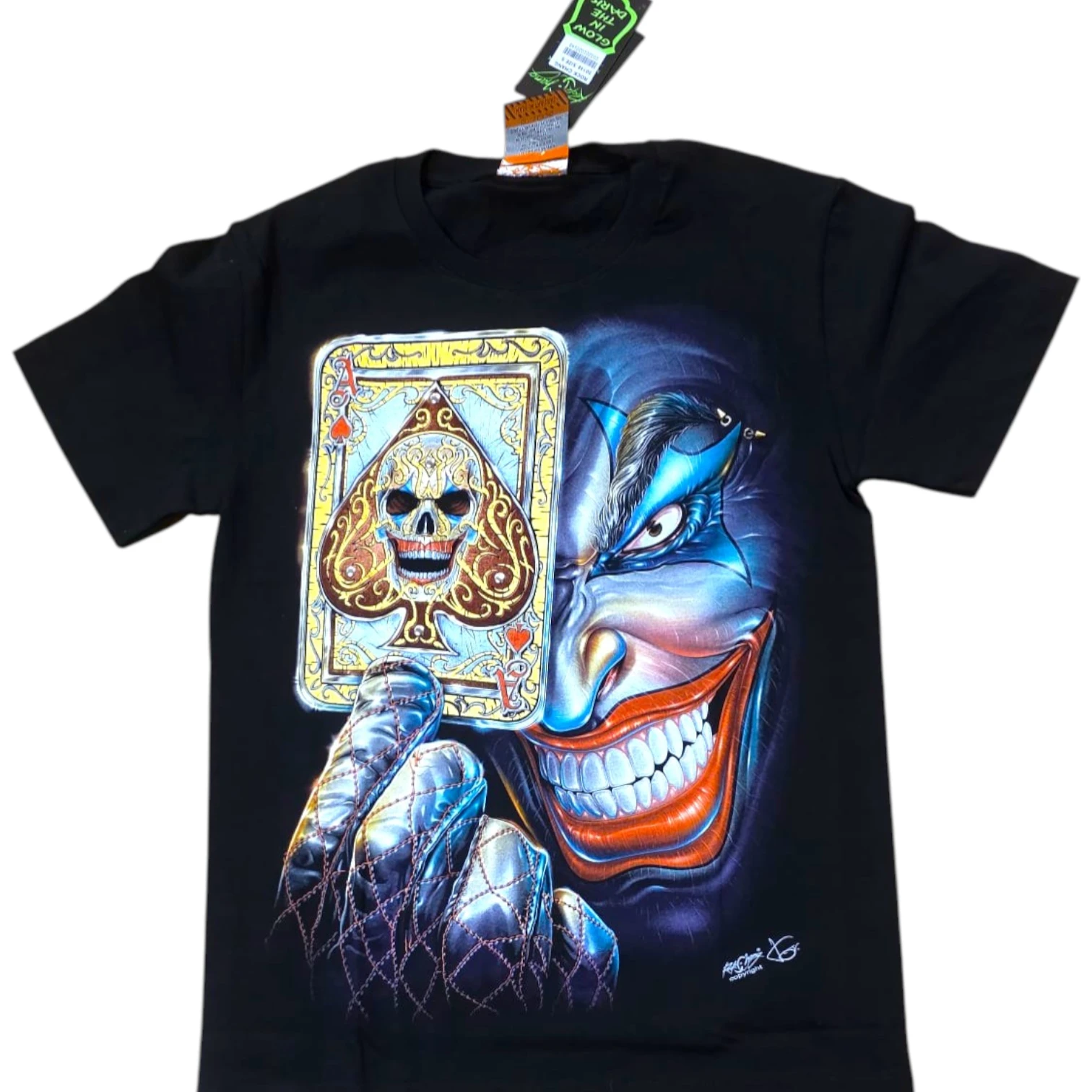 Tricouri RockChang – Arta rock autentica din Thailanda - tricou-evil-joker-as-de-pica-craniu-glow-in-the-dark
