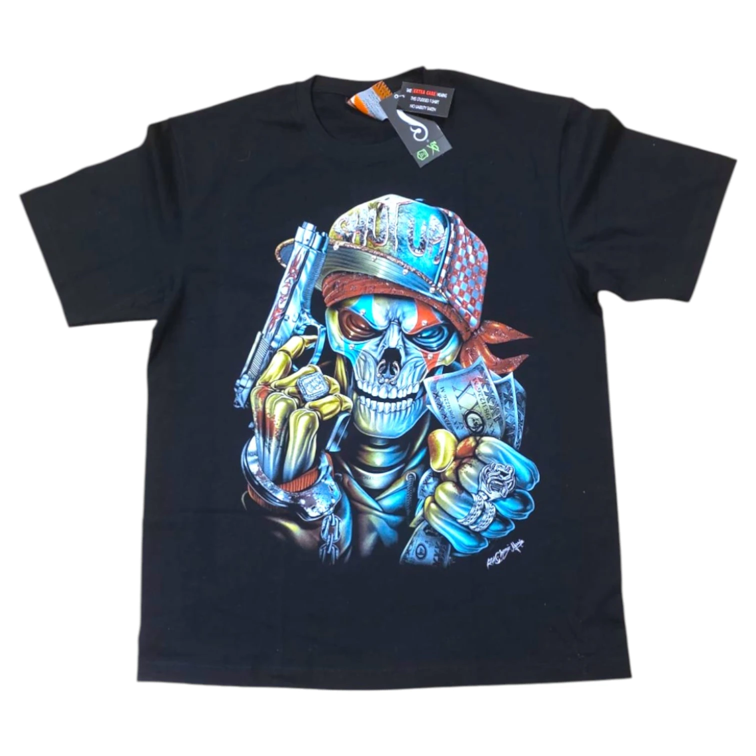 Tricouri RockChang – Arta rock autentica din Thailanda - tricou-skull-gang-craniu-urban-pistol-bani-glow-in-the-dark